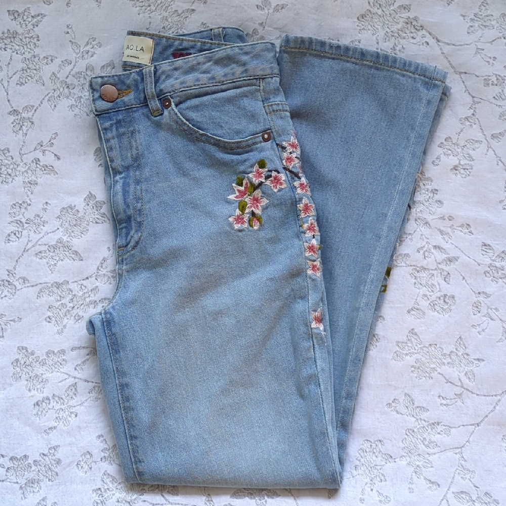 Light Blue Floral Embroidered Wide Leg Jeans